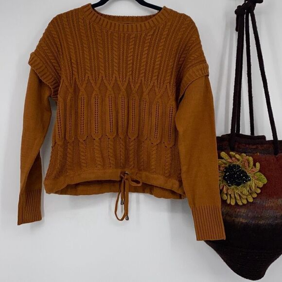 DKNY JEANS Cable-Knit Drop Shoulder-Detail Sweater M Long Sleeve TIe Hem Fall Ru - Picture 2 of 10
